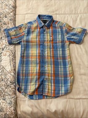 Tommy Hilfiger Blue and Orange Plaid Short-Sleeve Button-Down